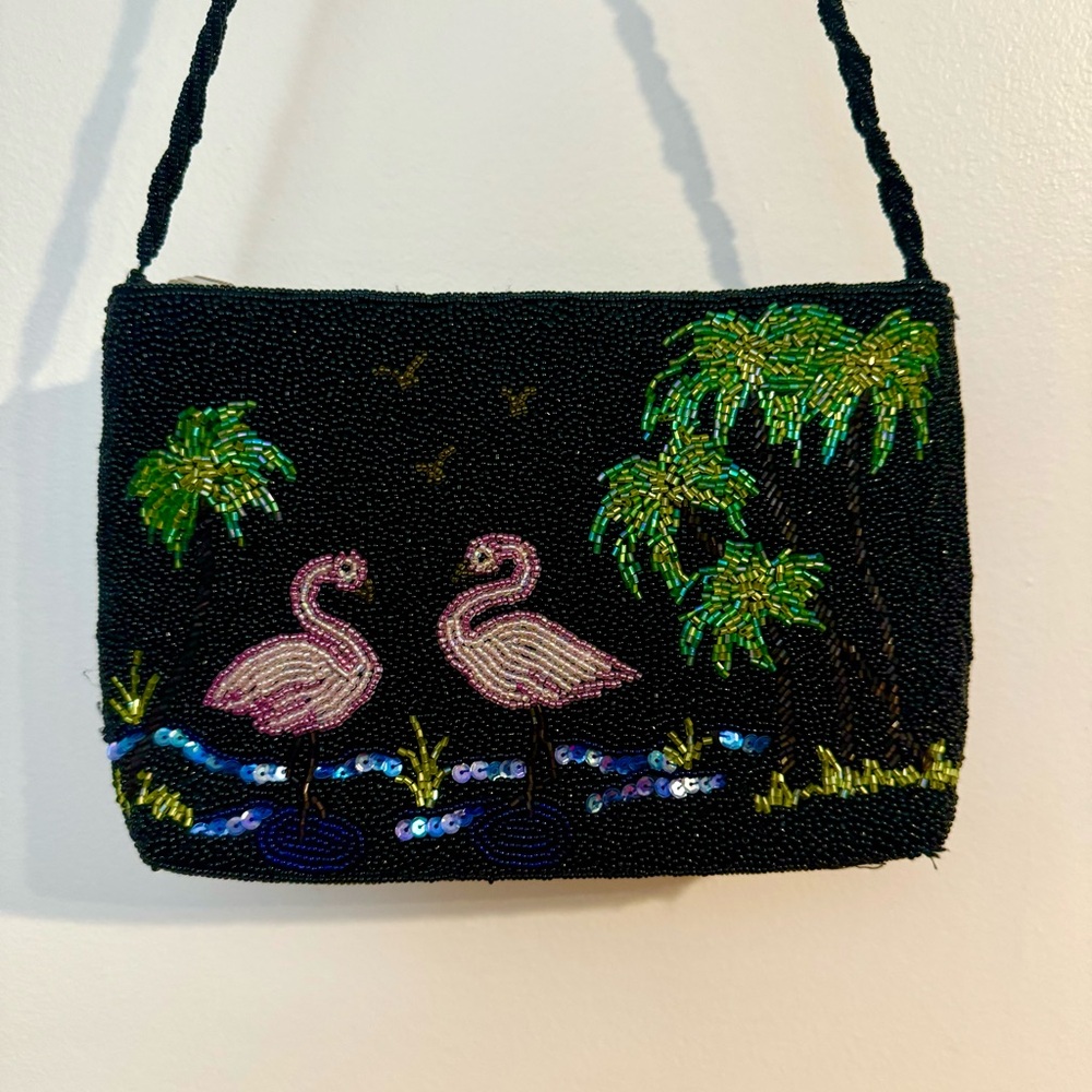 Vintage Flamingo Hand Beaded Sequin Tropical Birds Shoulder Bag Purse